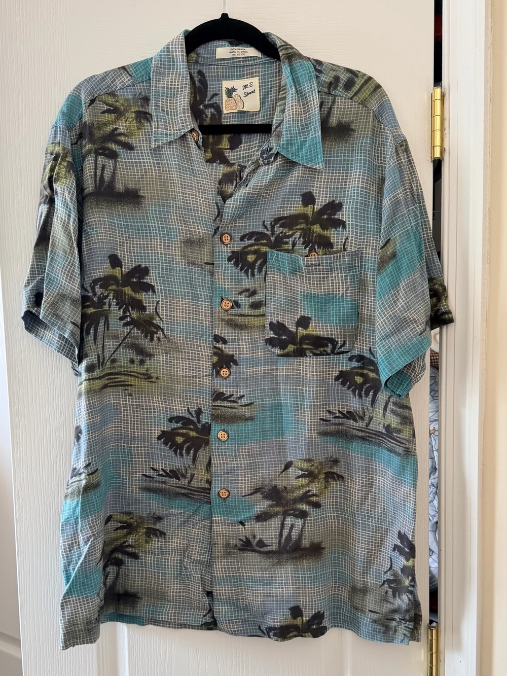 M.E. Sport Men's Casual Short Sleeve Button-Down‎ Shirt - Blue Palm Print